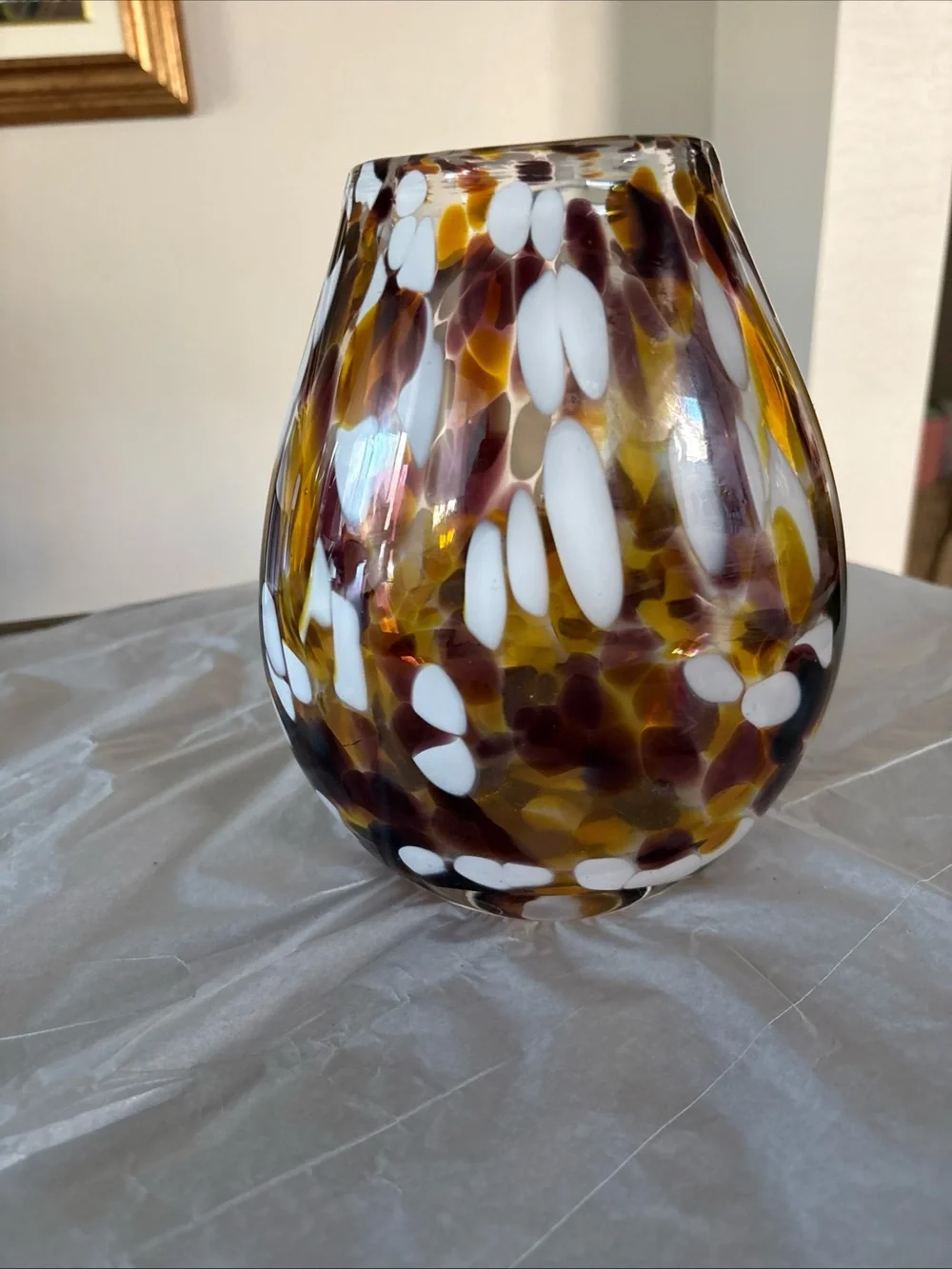 Hand Blown Art Glass Vase White Amber Spots Artisan Studio 7.65” Heavy Solid